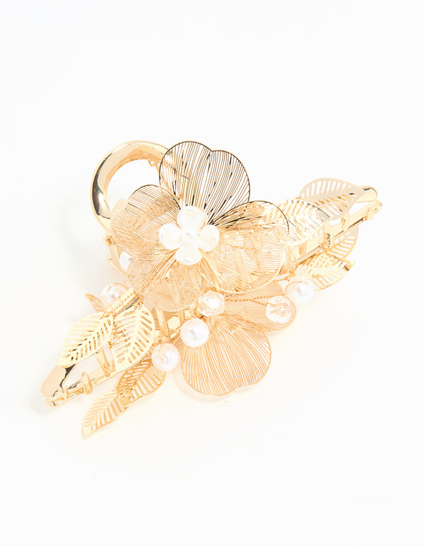 Gold Pearl Laser Cut Flower Claw Clip