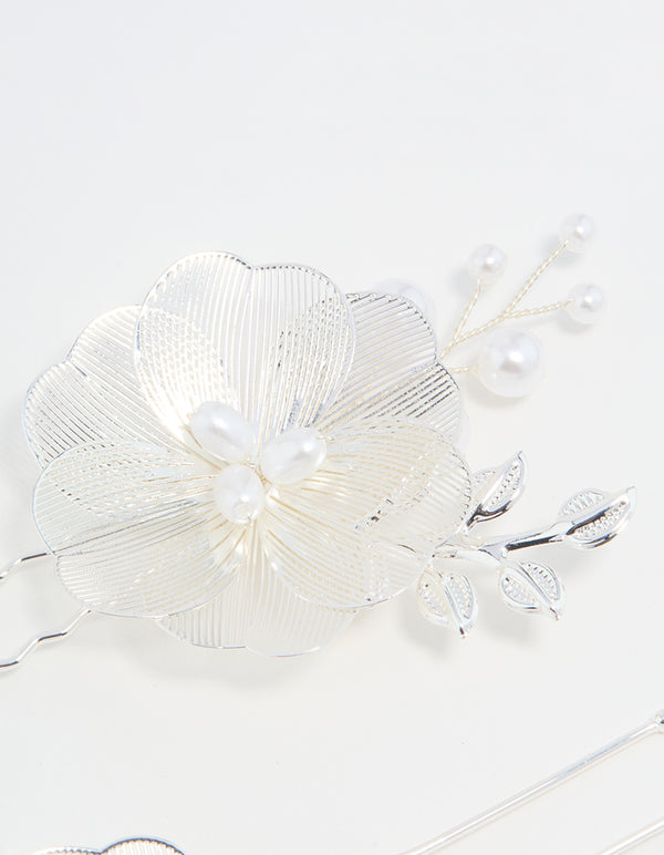 Silver Pearl Laser-Cut Flower Hair Pins 2-Pack