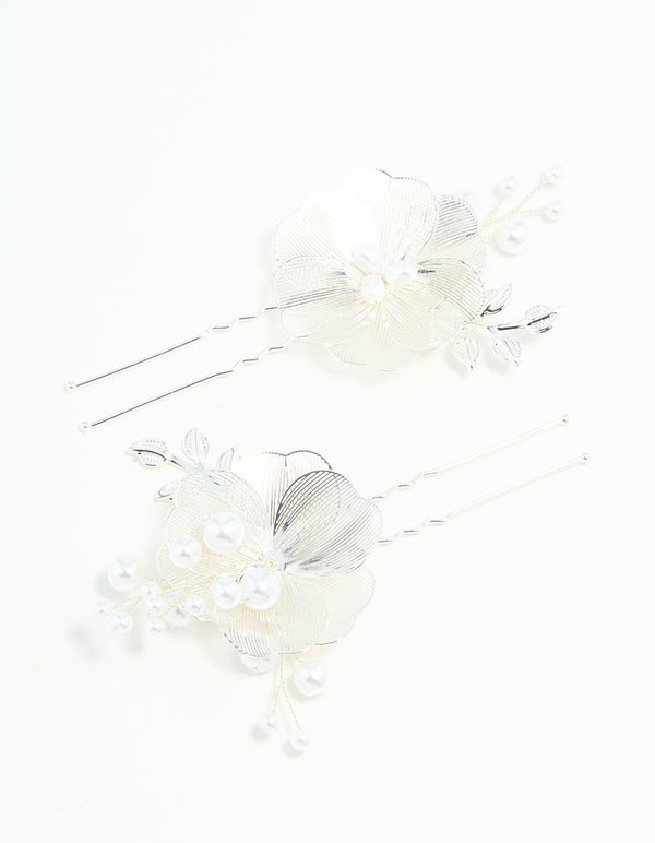Silver Pearl Laser-Cut Flower Hair Pins 2-Pack