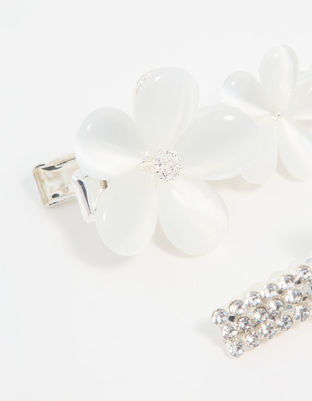 Silver Diamante Pave Double Flower Hair Clips 2-Pack