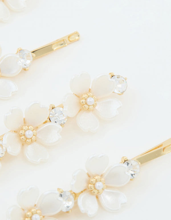 Gold Pearl Diamante Flower Hair Clips 3-Pack