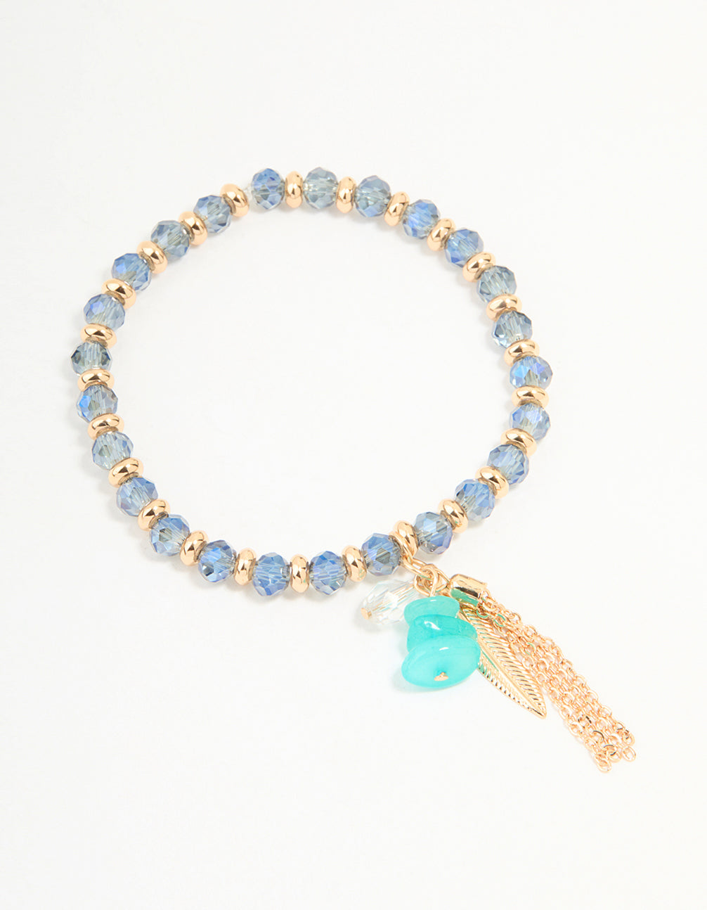 Gold Blue Beaded Feather Stretch Bracelet