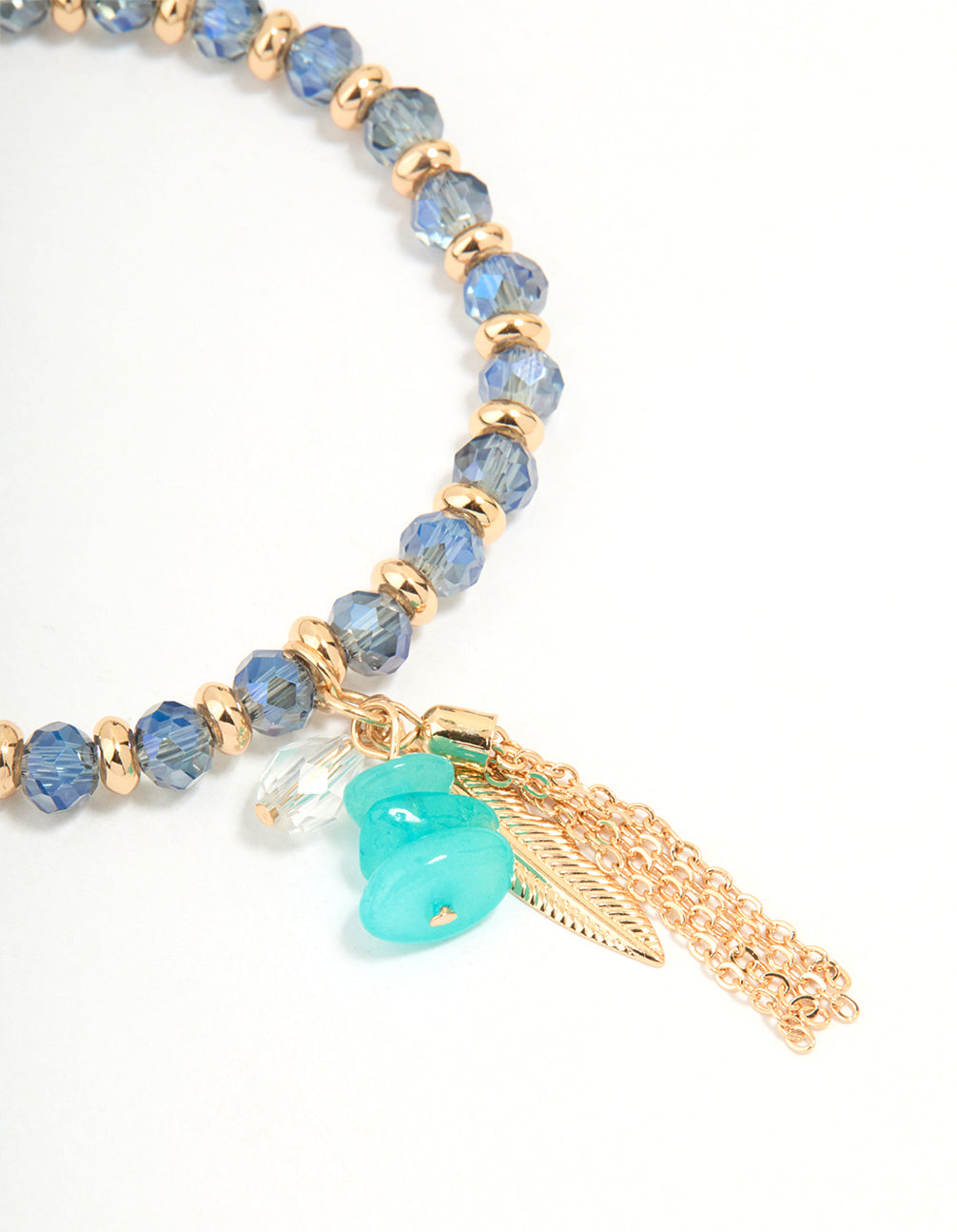 Gold Blue Beaded Feather Stretch Bracelet