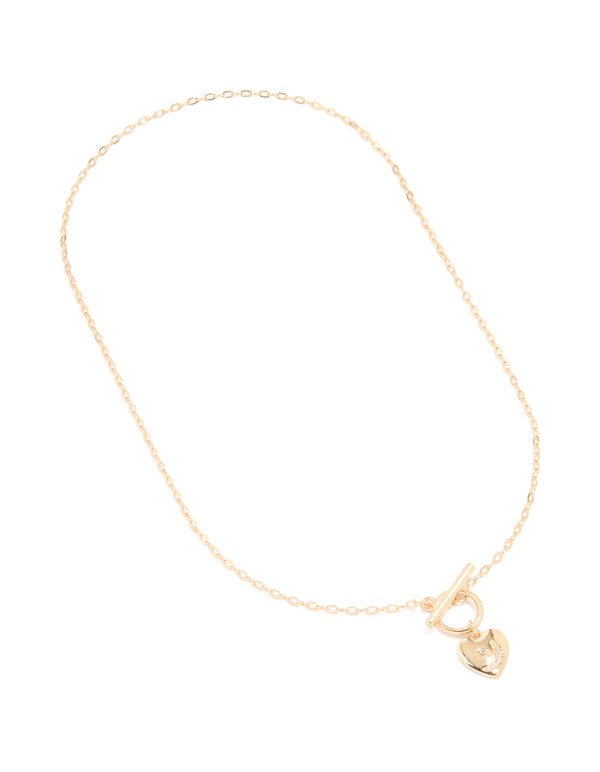 Gold Puffy Heart T-Bar Necklace