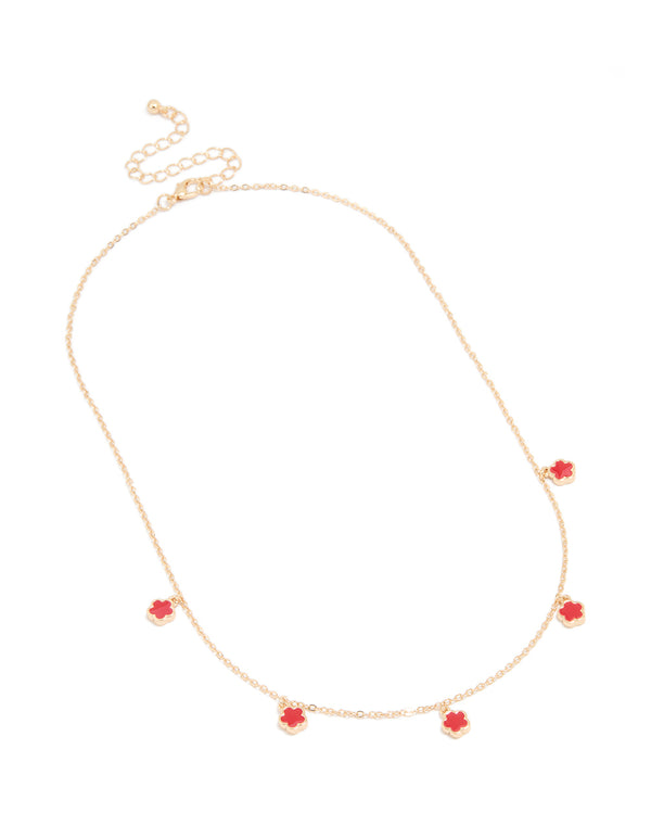 Gold Red Flower Petal Station Necklace