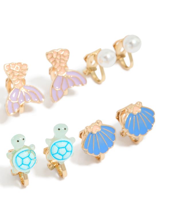 Kids Gold Turtle & Mermaid Clip On Earrings 5-Pack