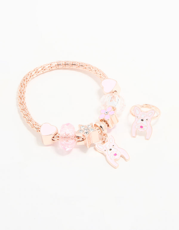 Kids Rose Gold Pink Dog Bracelet & Ring Pack