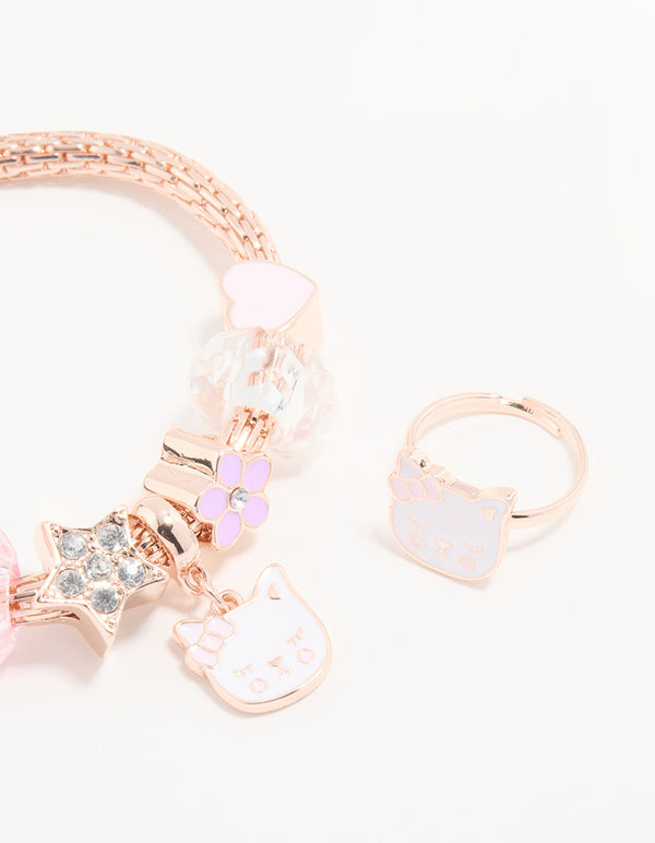 Kids Rose Gold Cat Bracelet & Ring Set
