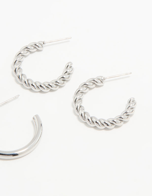 Waterproof Stainless Steel Twisted & Smooth Hoop Earrings 3-Pack