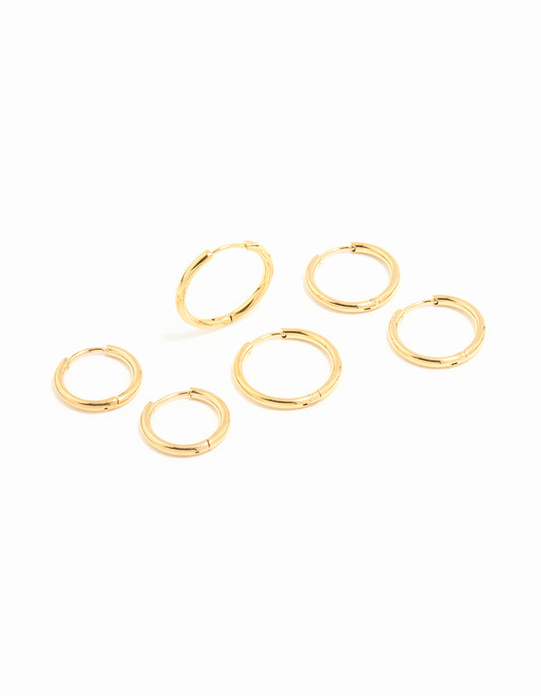 Waterproof Gold Plated Stainless Steel Thin Hoop Earrings 3-Pack