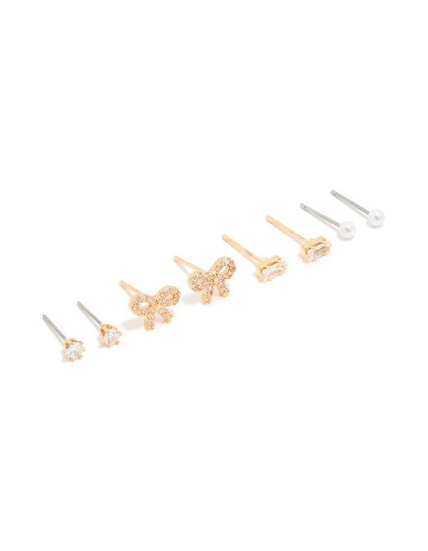 Waterproof Gold Plated Stainless Steel Cubic Zirconia & Pearl Stud Earrings 4-Pack