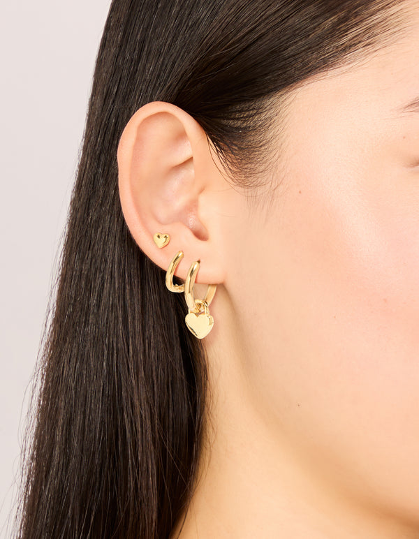 Waterproof Gold Plated Stainless Steel Heart Huggies & Classic Stud Earrings 3-Pack