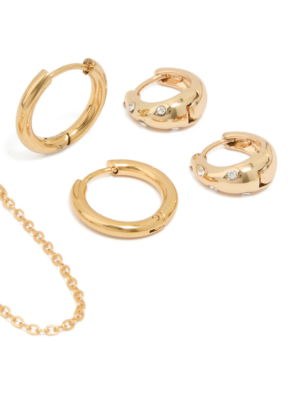 Waterproof Gold Plated Stainless Steel Cubic Zirconia & Sleek Huggie Earrings 3-Pack