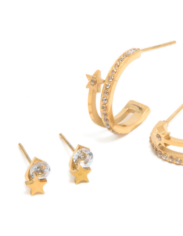 Waterproof Gold Plated Stainless Steel Cubic Zirconia Celestial Stud Earrings 3-Pack