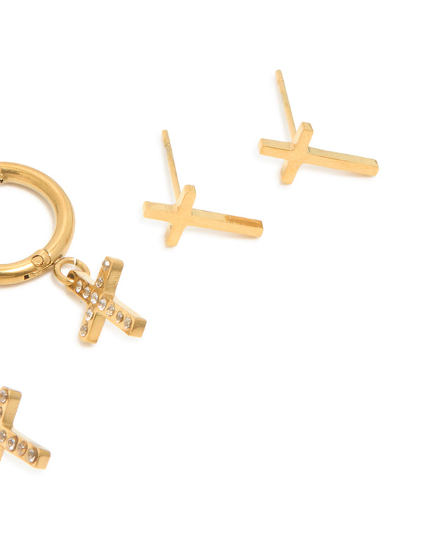 Waterproof Gold Plated Stainless Steel Cubic Zirconia Cross Stacker Earrings 4-Pack