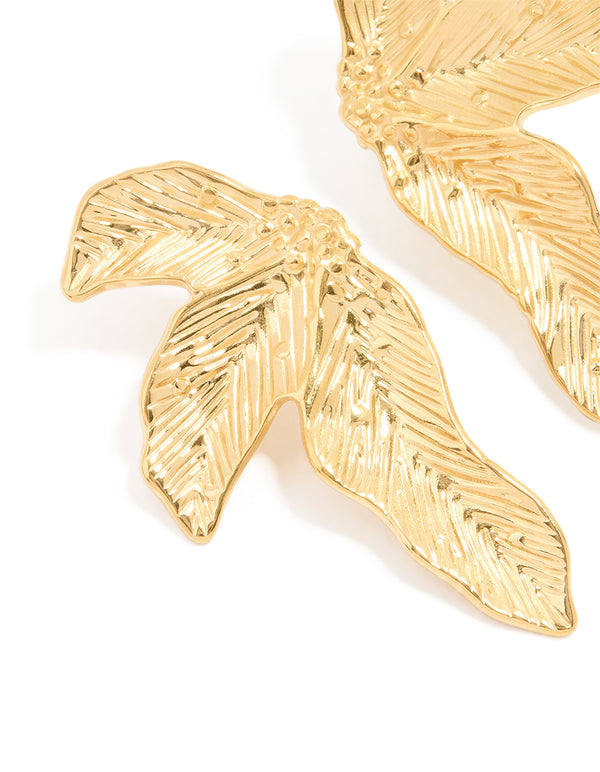 Waterproof Gold Plated Stainless Steel Etched Leaf Earrings