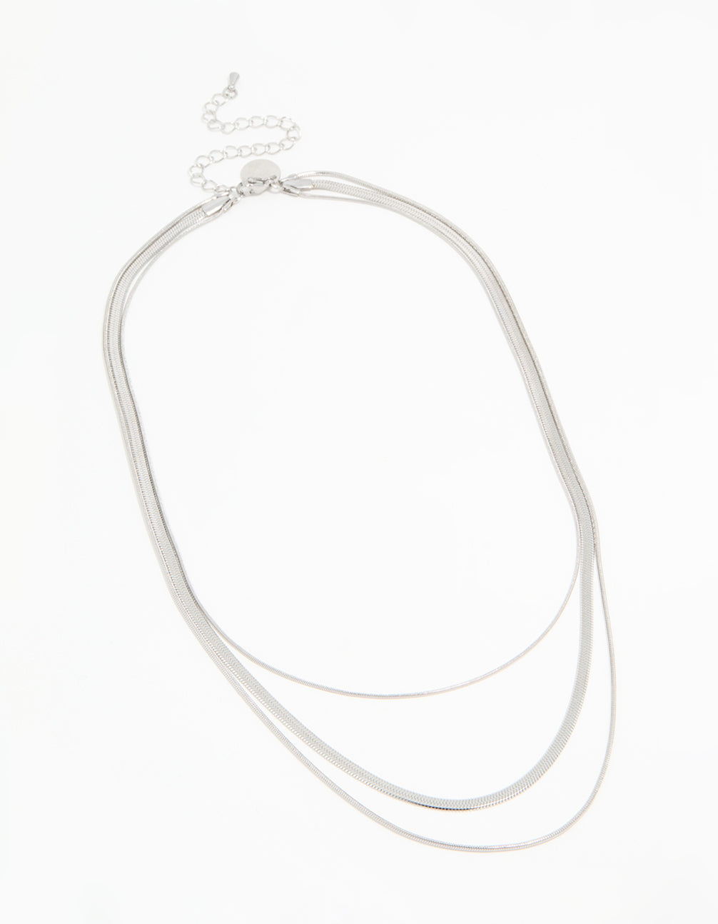 Featuring a waterproof stainless steel triple row chain necklace in silver front view
