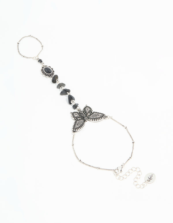 Antique Silver Black Stone & Butterfly Hand Chain