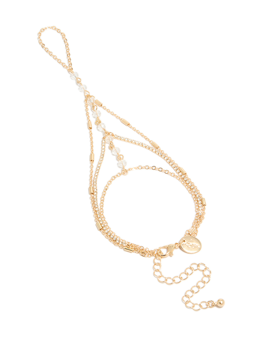 Showcasing a gold layered hand chain with clear beads, diamante detailing front view