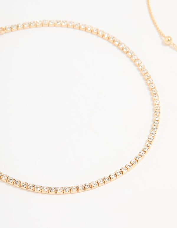 Gold Pearl Flower & Diamante Tennis Anklets 2-Pack