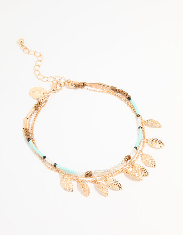 Antique Gold Blue Beaded & Leaf Layered Anklet