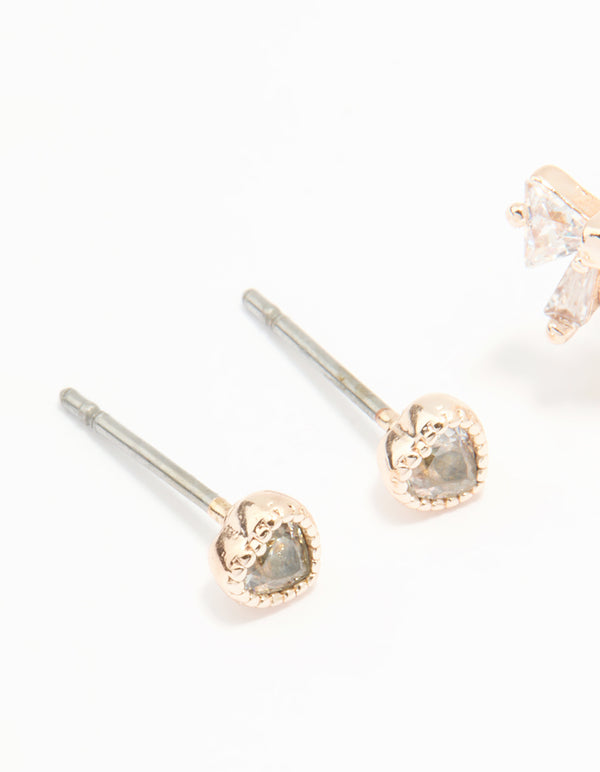 Rose Gold Plated Cubic Zirconia Bow Hoop & Heart Stud Earrings 2-Pack