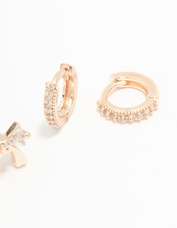 Rose Gold Plated Cubic Zirconia Bow & Huggie Earrings 2-Pack