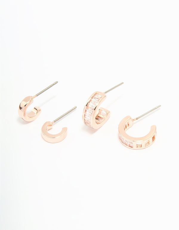 Rose Gold Plated Cubic Zirconia Plain & Baguette Hoop Earrings 2-Pack