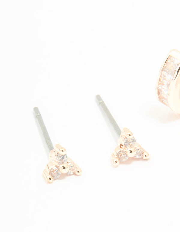 Rose Gold Plated Cubic Zirconia Trio Stud & Huggie Earrings 2-Pack
