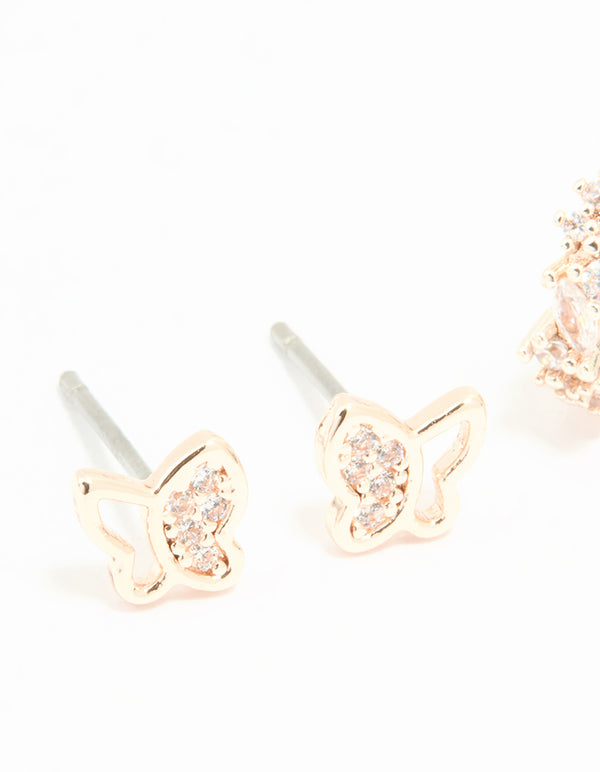 Rose Gold Plated Cubic Zirconia Butterfly Stud & Huggie Earrings 2-Pack