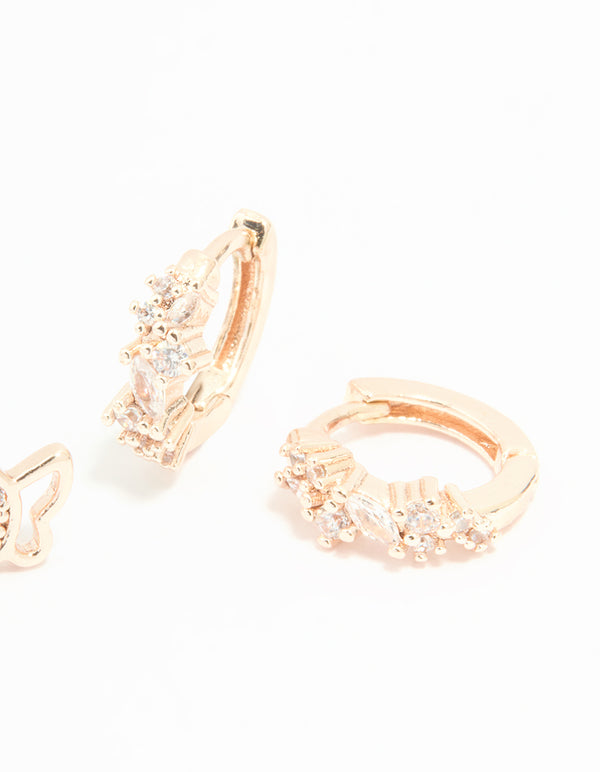 Rose Gold Plated Cubic Zirconia Butterfly Stud & Huggie Earrings 2-Pack