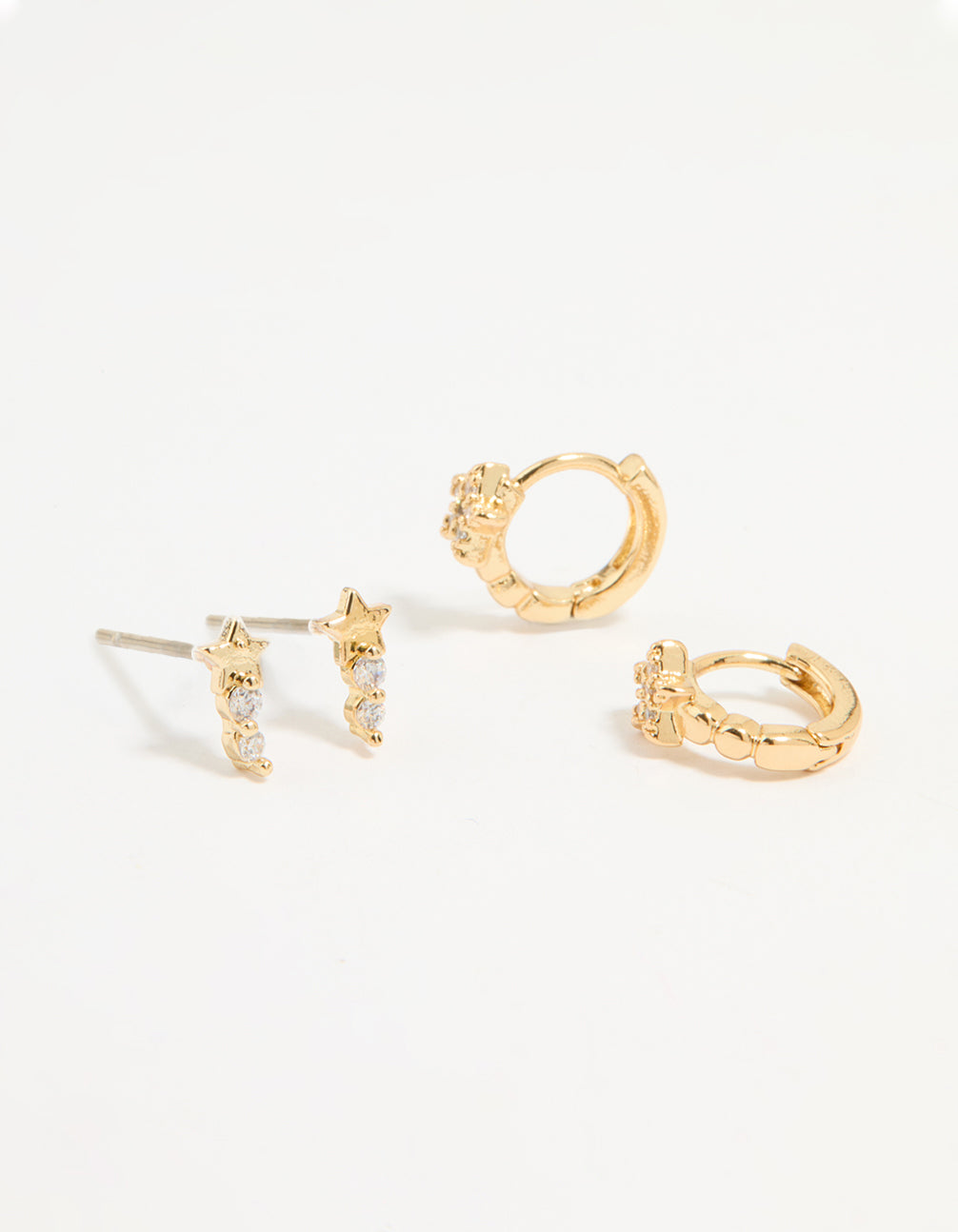 Gold Plated Cubic Zirconia Star Stud & Huggie Earrings 2-Pack