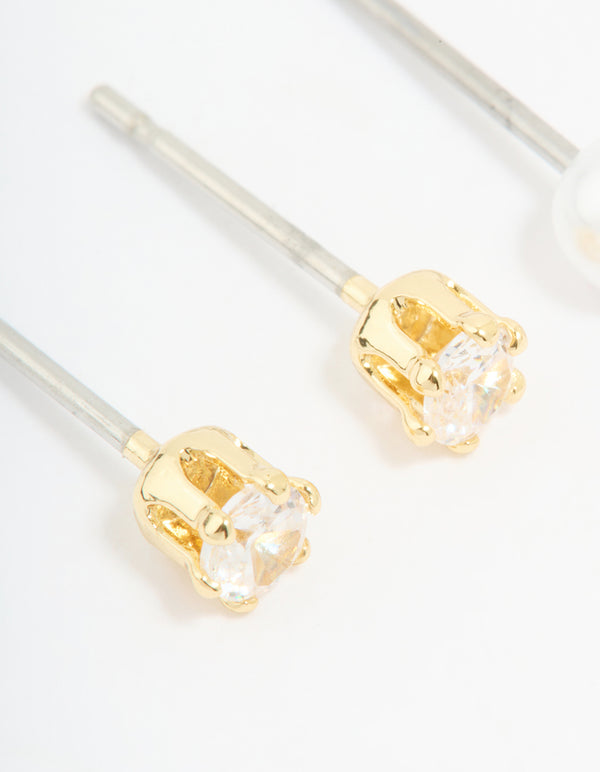 Rose Gold Plated Cubic Zirconia Pearl & Classic Stud Earrings 2-Pack