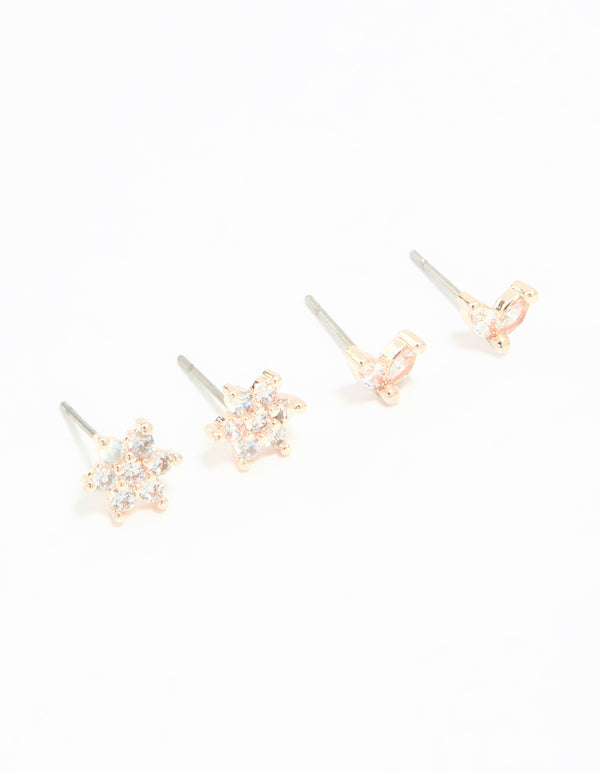 Rose Gold Plated Cubic Zirconia Flower Stud Earrings 2-Pack