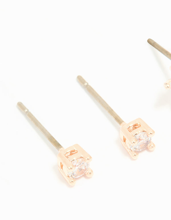 Rose Gold Plated Cubic Zirconia Flower & Classic Stud Earrings 2-Pack