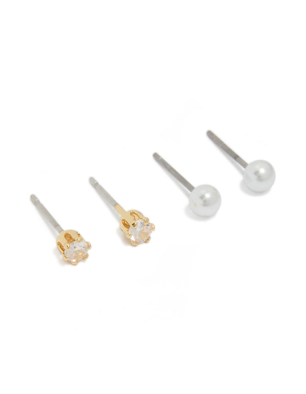 Showcasing gold plated cubic zirconia and pearl stud earrings in a 2-pack front view