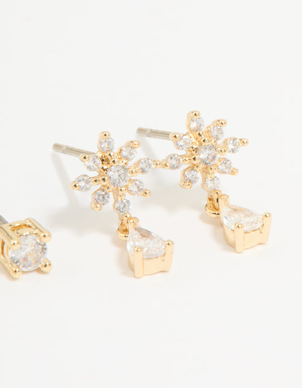 Gold Plated Cubic Zirconia Classic & Flower Teardrop Earrings 2-Pack