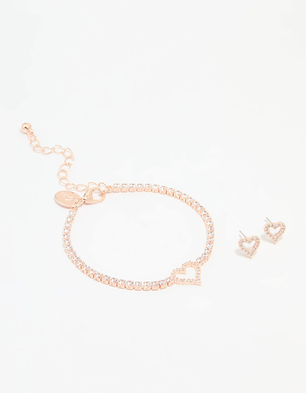 Rose Gold Plated Cubic Zirconia Heart Outline Tennis Bracelet & Earrings Set