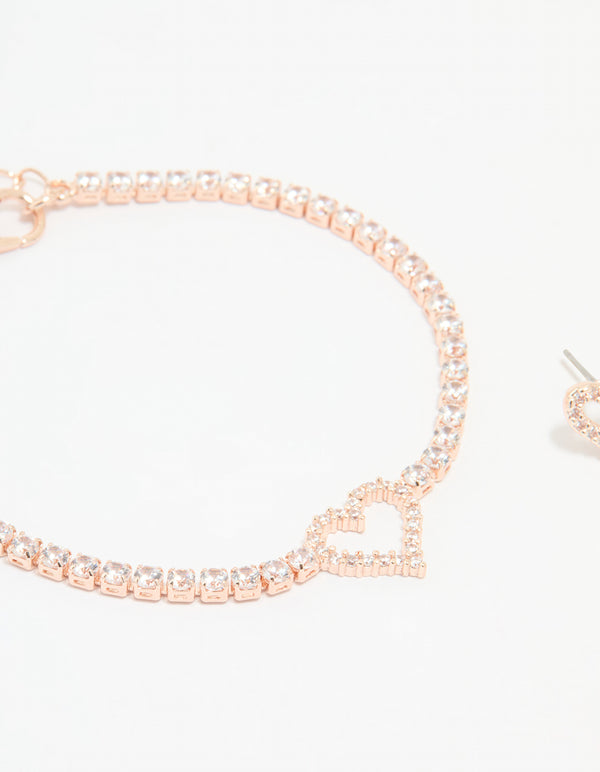 Rose Gold Plated Cubic Zirconia Heart Outline Tennis Bracelet & Earrings Set