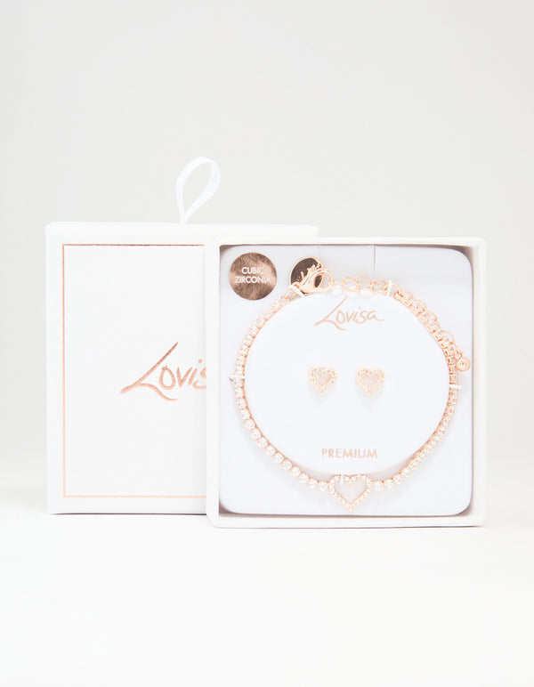 Rose Gold Plated Cubic Zirconia Heart Outline Tennis Bracelet & Earrings Set