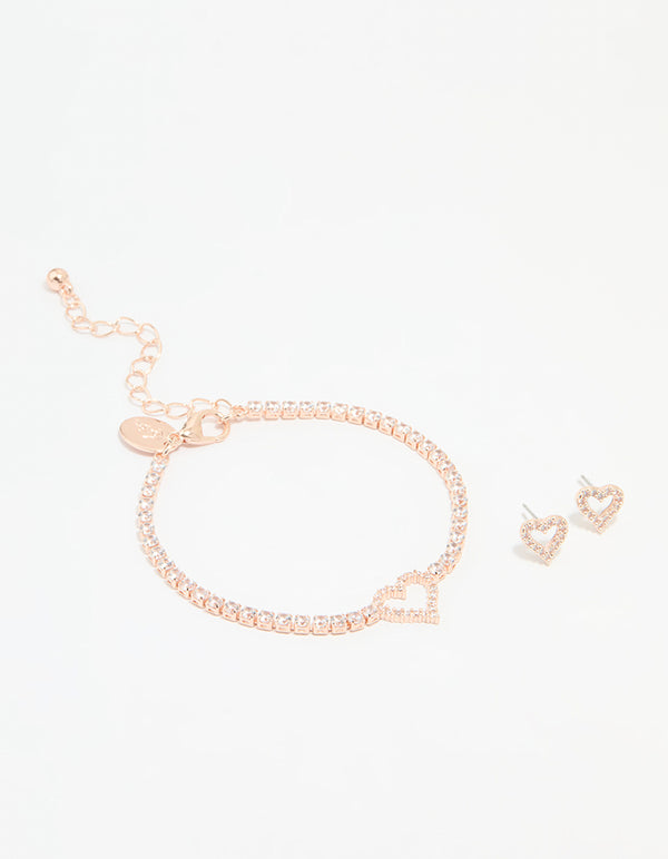 Rose Gold Plated Cubic Zirconia Heart Outline Tennis Bracelet & Earrings Set