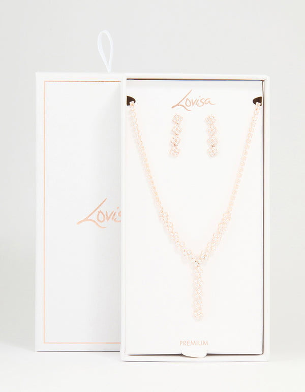 Rose Gold Plated Cubic Zirconia Square Drop Necklace & Earrings Set