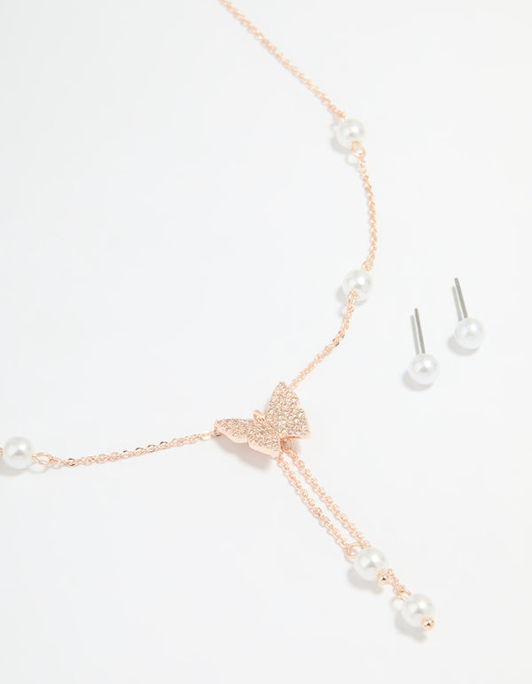 Rose Gold Plated Cubic Zirconia Butterfly & Pearl Necklace & Earrings Set