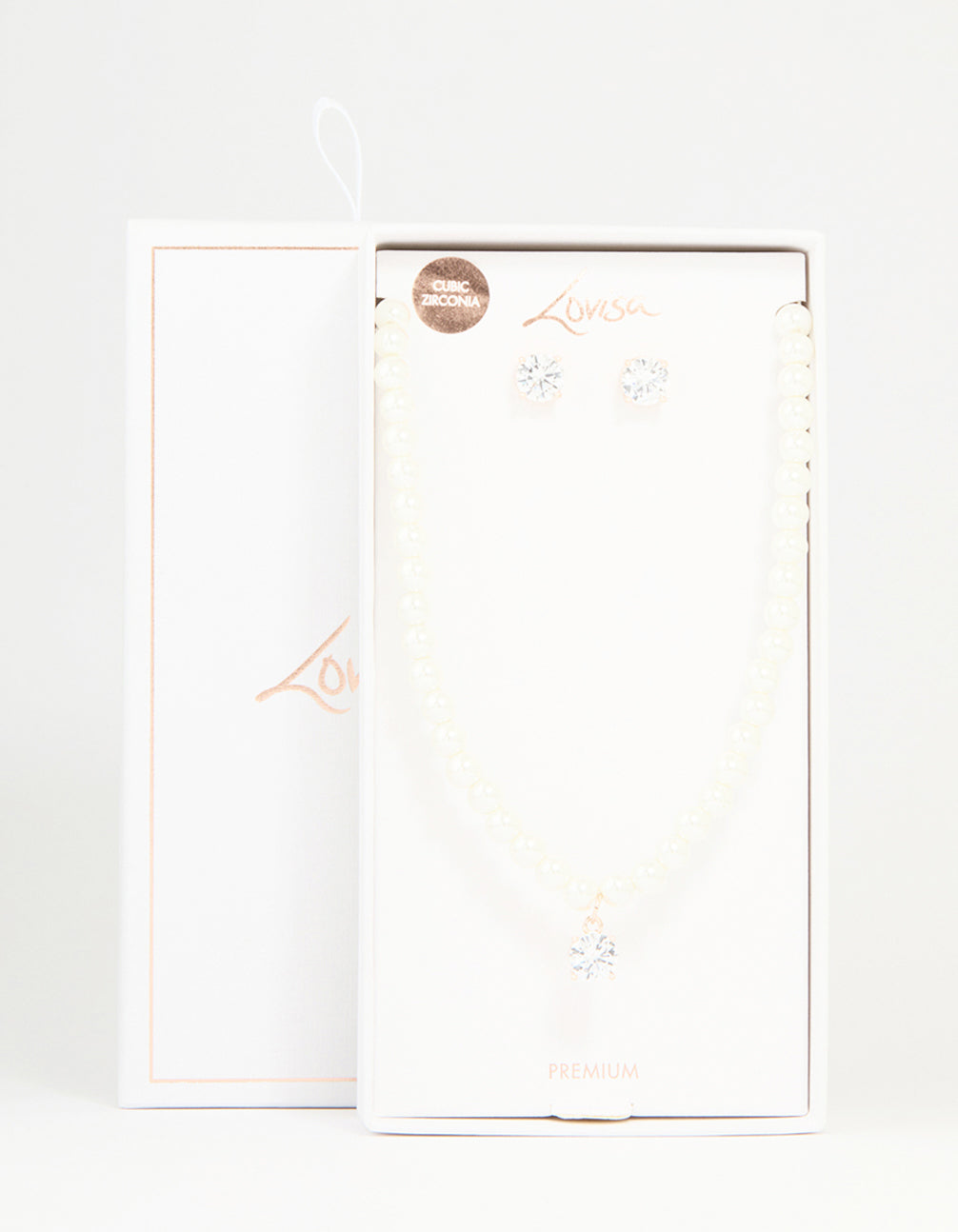 Rose Gold Plated Pearl & Cubic Zirconia Drop Necklace & Earrings Set