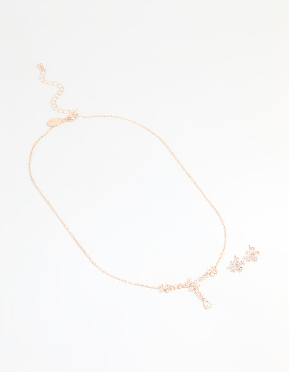 Rose Gold Plated Cubic Zirconia Flower Drop Necklace & Earrings Set