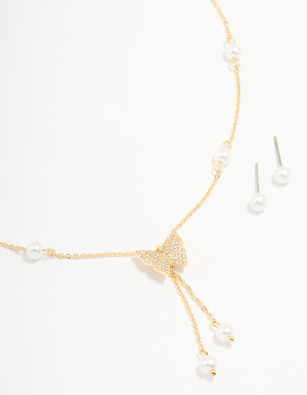 Gold Plated Cubic Zirconia Butterfly Pearl Necklace & Earrings Set