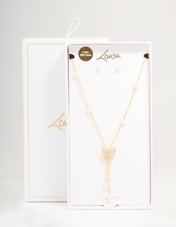 Gold Plated Cubic Zirconia Butterfly Pearl Necklace & Earrings Set