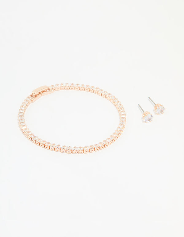 Rose Gold Plated Cubic Zirconia Tennis Bracelet & Earrings Set
