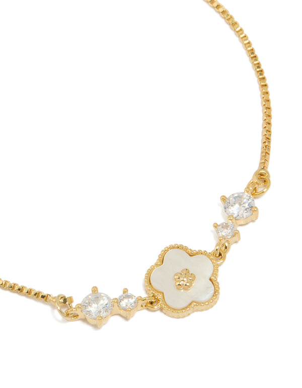 Gold Plated Cubic Zirconia Flower Inlay Toggle Bracelet