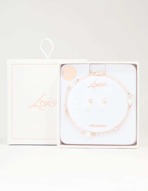 Rose Gold Plated Cubic Zirconia Pearl Bracelet & Earrings Set